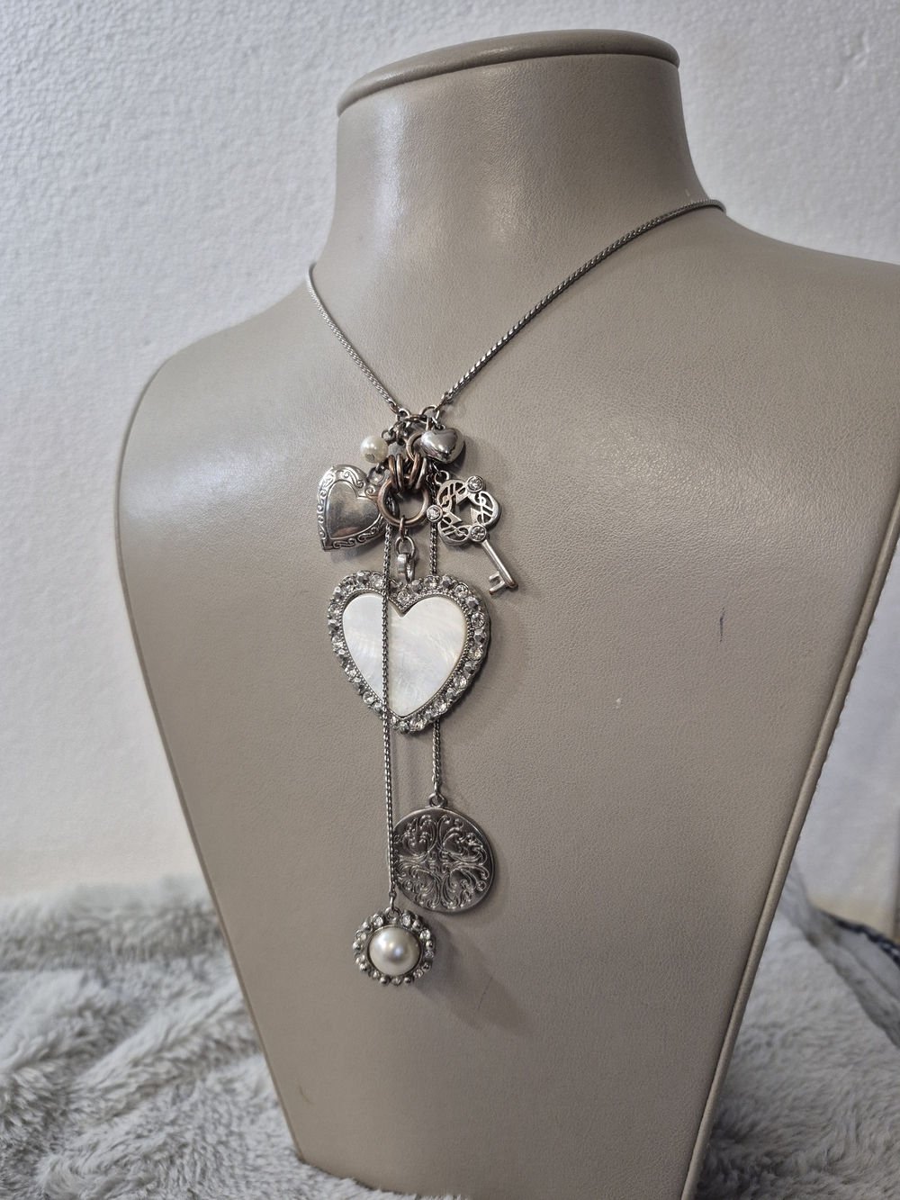 Guess Silver-Tone Heart Charm Necklace with Mother-of-Pearl Accent